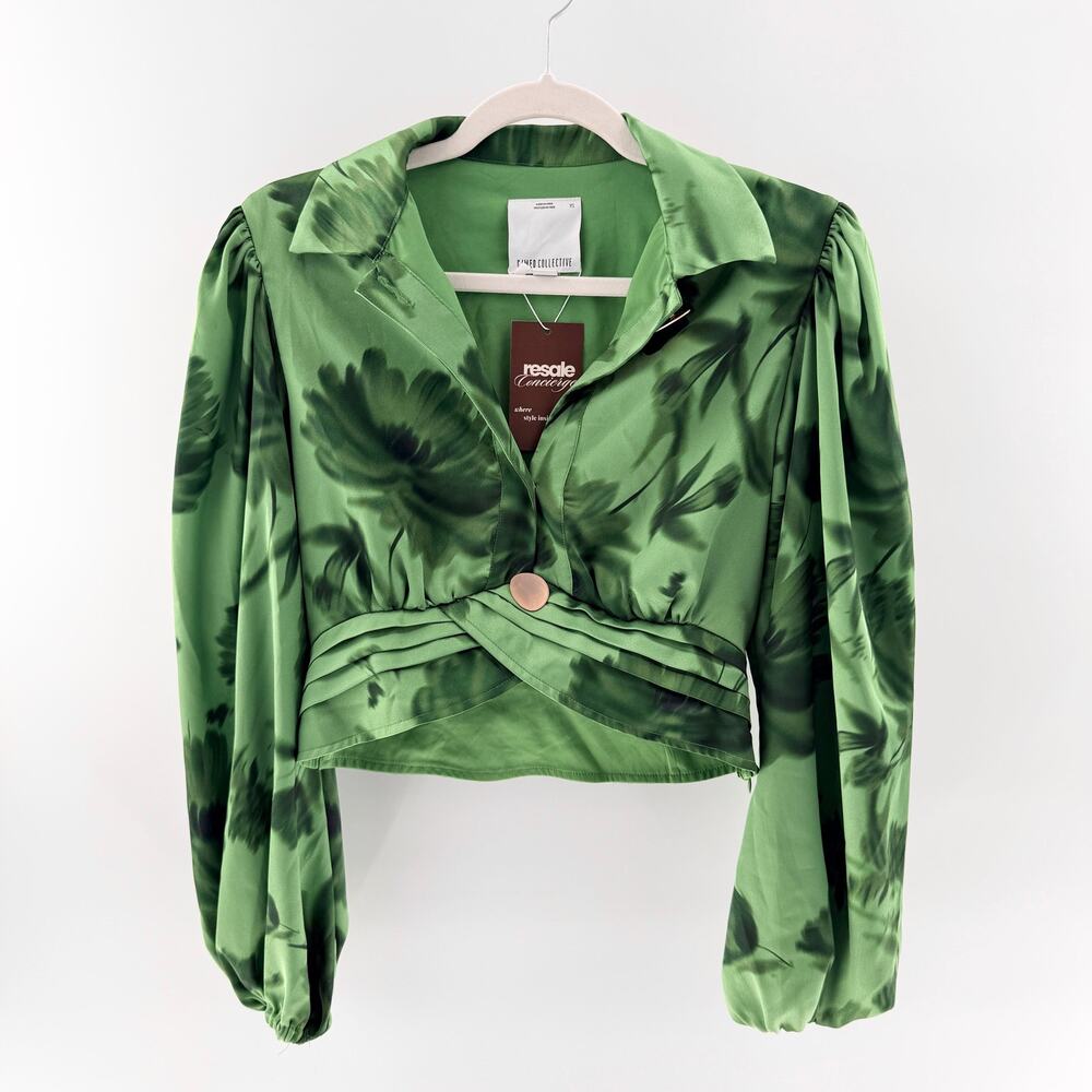 C/Meo Collective Floral Puff Sleeve Pleated Wrap Blouse Top Green Women's XS